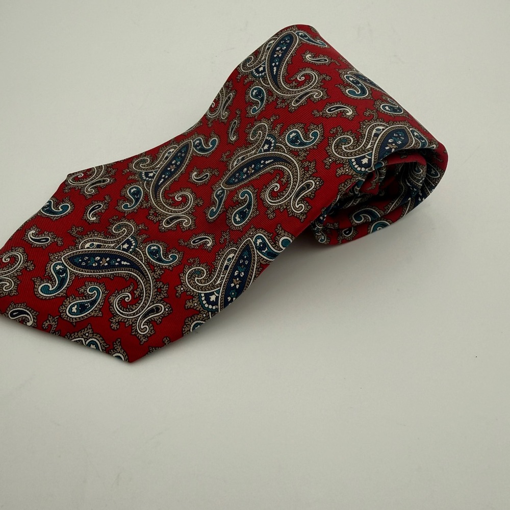 Claybrooke Mens Red Paisley Silk Tie Handmade Necktie Blue Tan Intricate Pattern - Picture 2 of 4